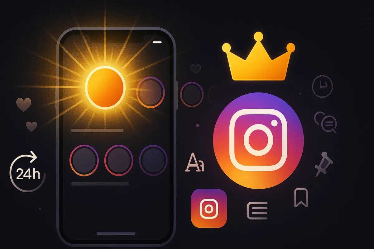 Instagram Plus $3.99/month subscription launched on June 4, 2026 — Story Spotlight with golden premium aura, 48h story, rewatch insights, anonymous viewing, dark editorial design with Instagram gradient and premium gold accents