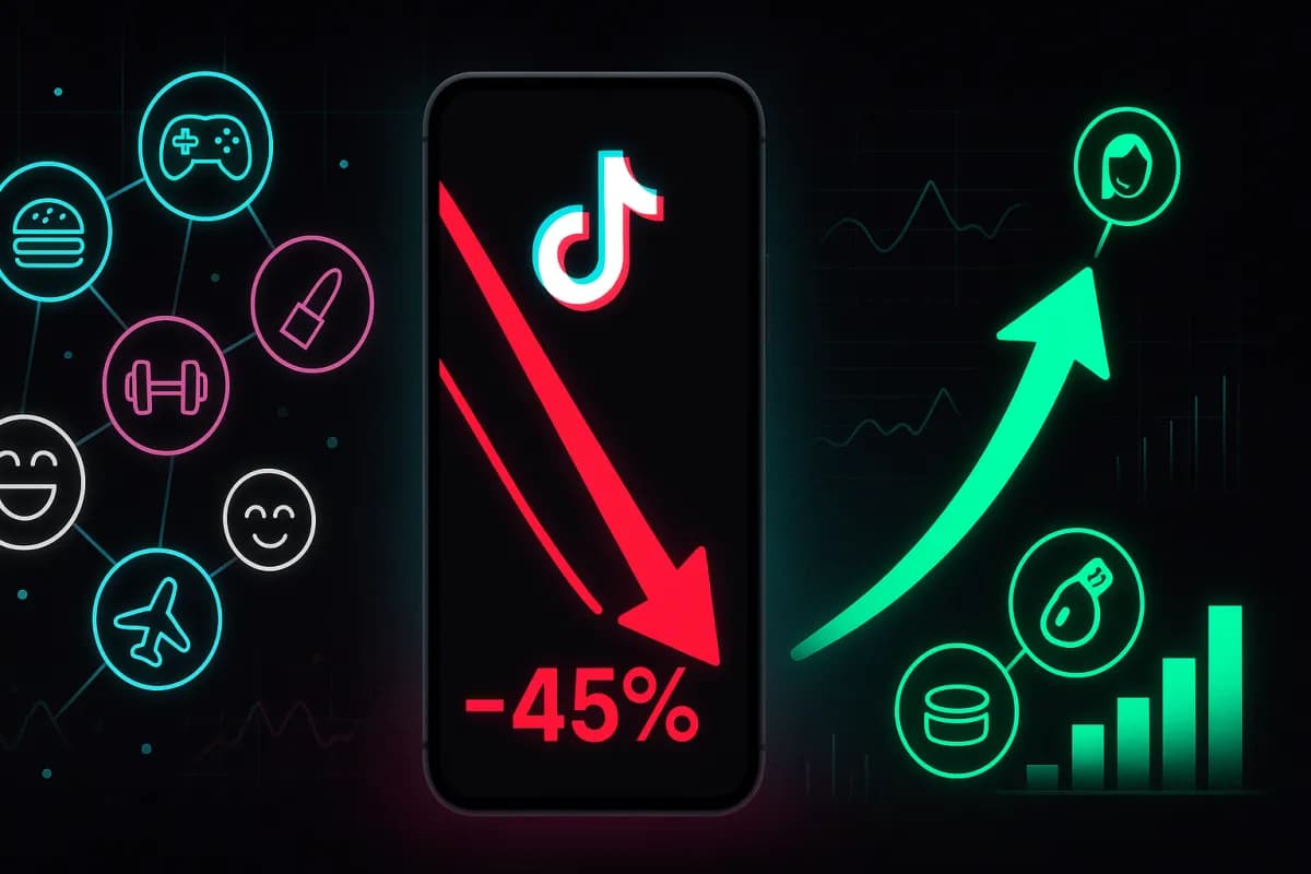 TikTok cross-niche penalty -45%: visualization of the reach drop for multi-topic accounts vs. growth of single-niche accounts, TikTok black/cyan/magenta palette with alarm red and growth green accents