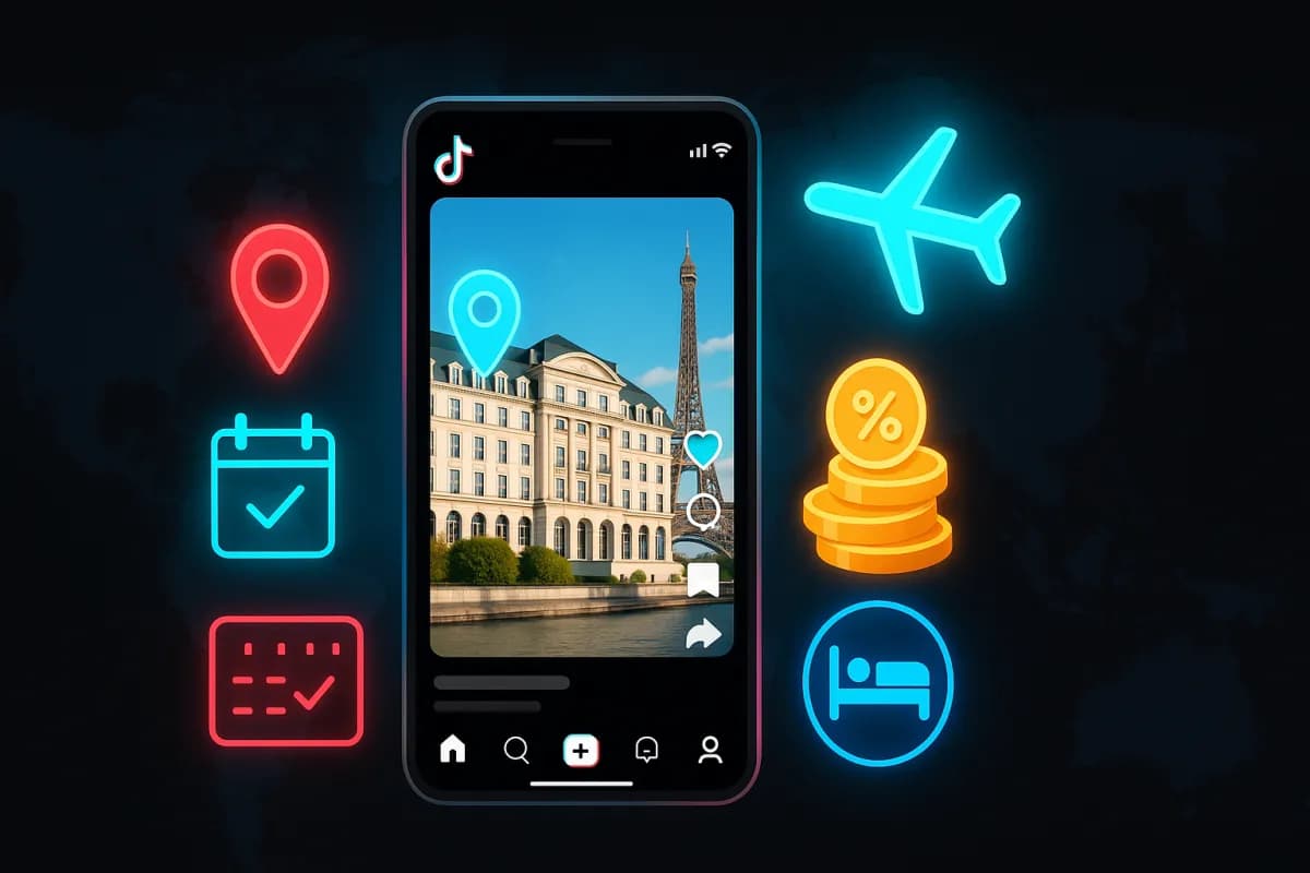 TikTok GO travel affiliate program 2026 — TikTok Reel with hotel, ticket, and activity tags and Booking/Expedia/Viator/GetYourGuide commissions, black/cyan/magenta palette with gold accents highlighting creator monetization