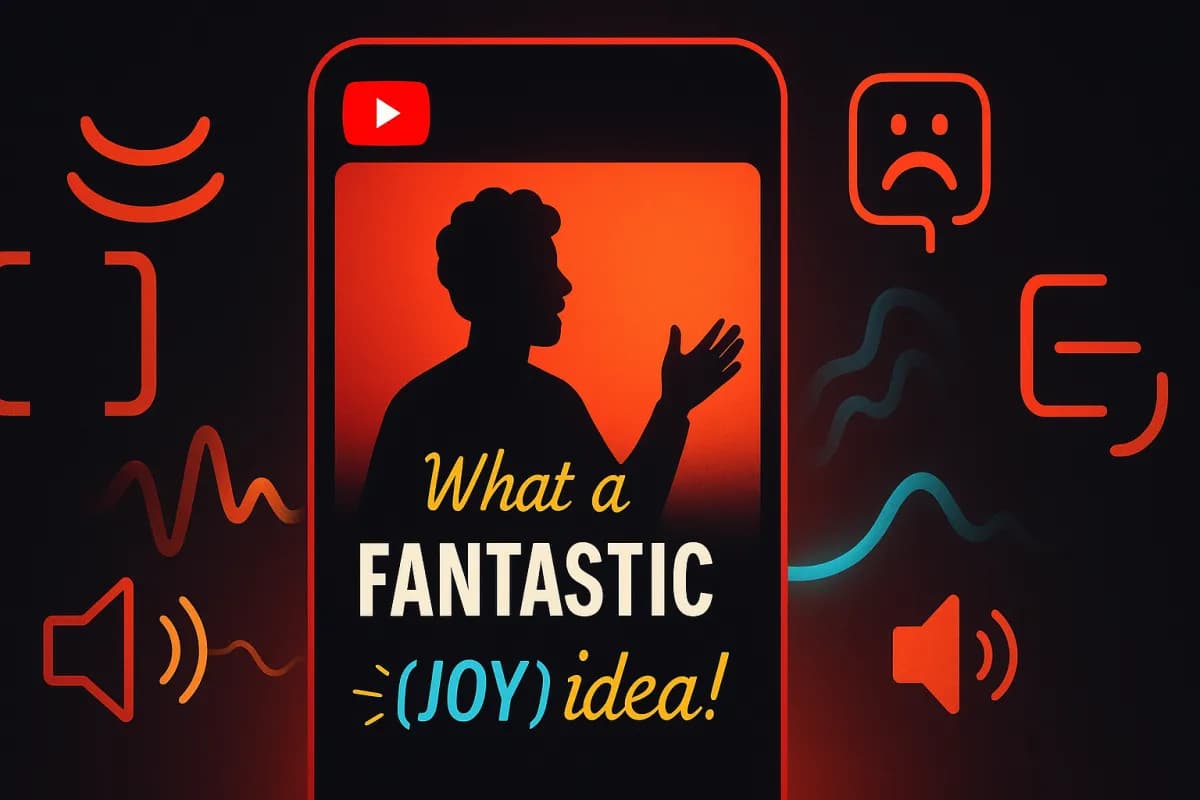 YouTube Expressive Captions AI — emotional subtitles with [joy] [sadness] [sarcasm] tags, ALL CAPS for shouts, stretched text for emphasis, soundscape annotations, dark editorial design with YouTube red accents and cyan/yellow AI highlights