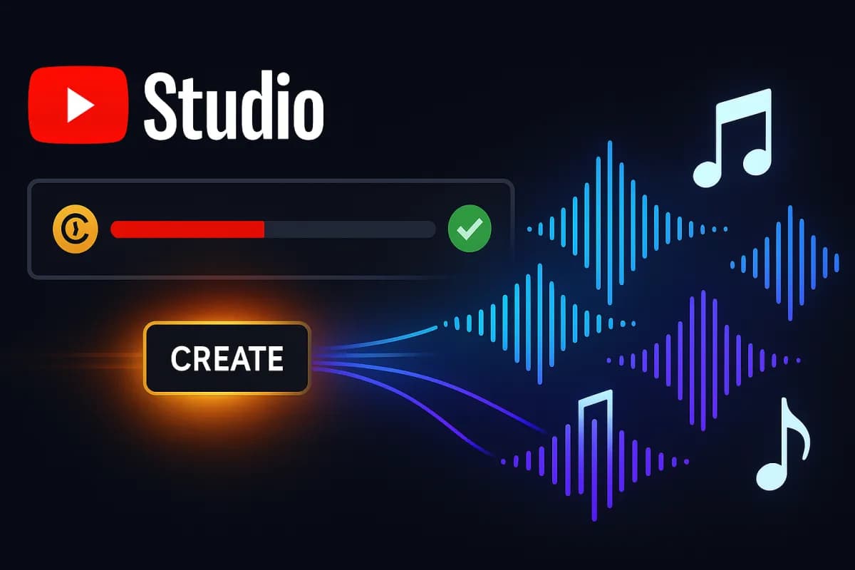 YouTube Replace Song AI — Create button inside YouTube Studio generating 4 royalty-free instrumentals to resolve a Content ID claim, dark editorial design with YouTube red accents and AI cyan/purple